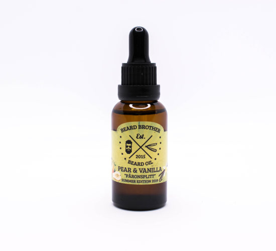 Huile à barbe de la marque suédoise Beard Brother. Parfum poire et vanille.